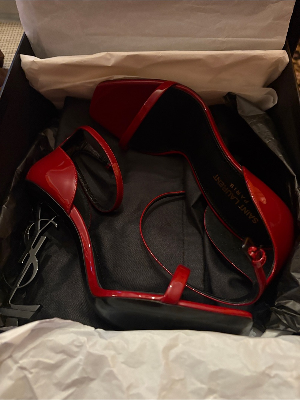 Saint Laurent Red Patent Leather Strappy Sandals - Picture 1 of 9